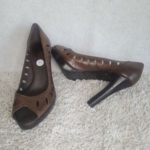 Brown open toe heels